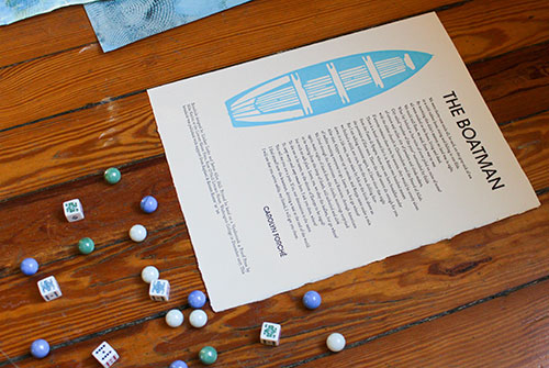 The Boatman broadside on table with mables and dice