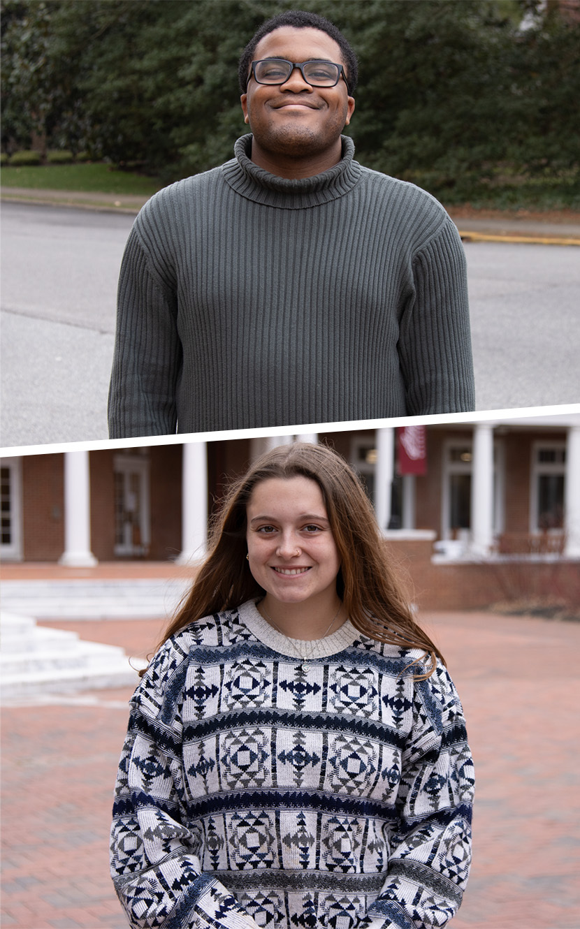 A dual-photo, with Xavier wearing a grey sweater and black glasses and Kat, wearing a blue and white patterned sweater and smiling in Martha Washington Square.